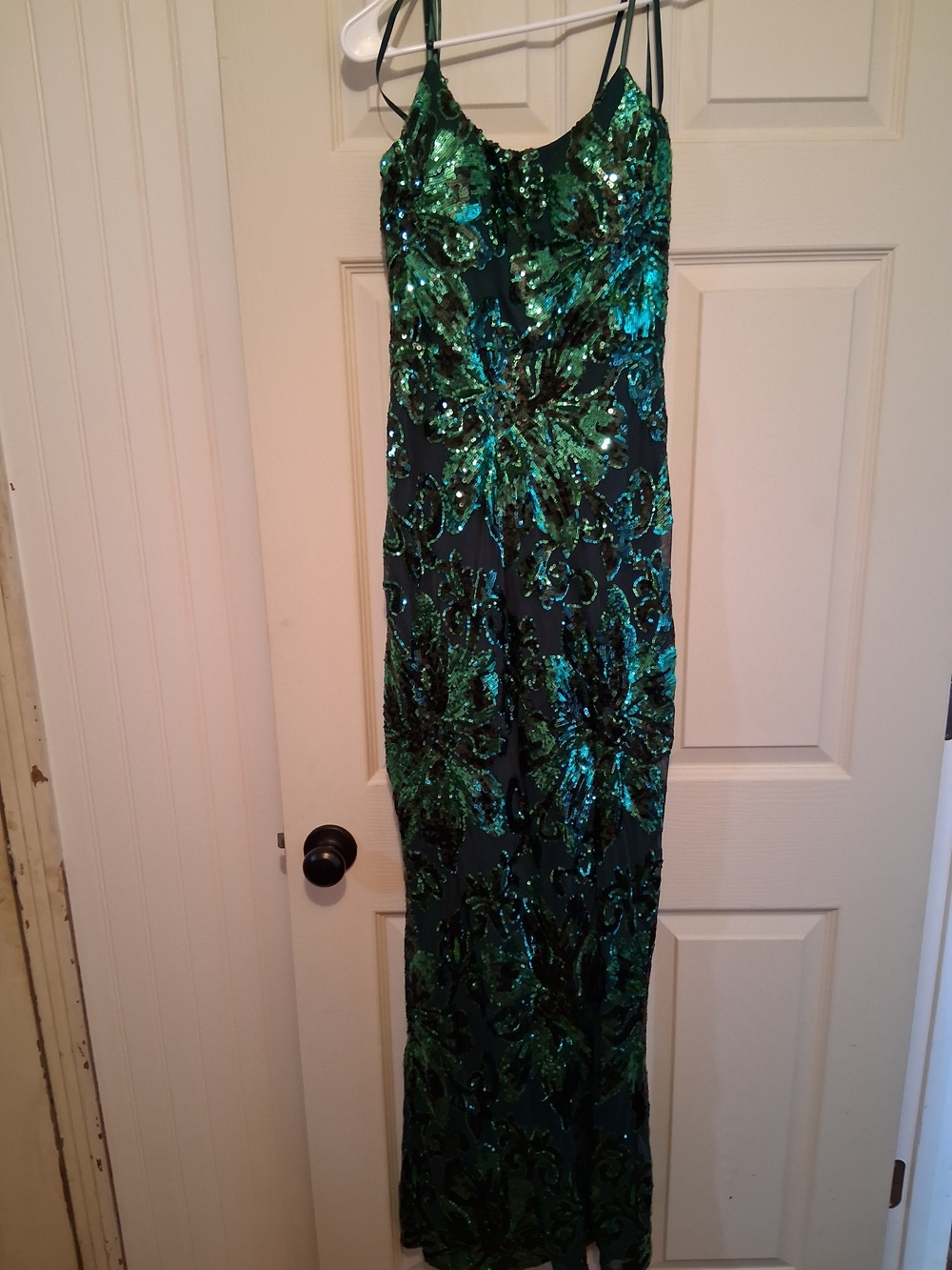 Emerald Sequin Spaghetti-Strap Prom Gown